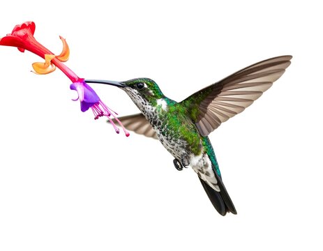 A hummingbird with outstretched wings drinks from a vibrant, exotic flower. Isolated on white