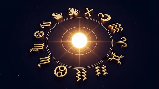 Golden astrological zodiac symbols arranged around a radiant sun on a dark cosmic background, symbolizing destiny and cosmic energy.