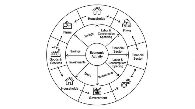 Circular Diagram Illustrating Economic Model with Various Sectors and Processes.