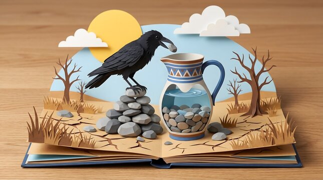 The Crow and the Pitcher Aesop Fables paper craft pop-up book, thirsty crow dropping stones into water jar