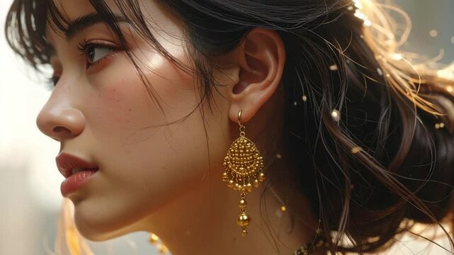 Serene profile of a woman with intricate gold earring and radiant hair