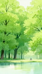 Obraz premium A serene forest scene with lush green trees, a calm lake, and a person riding a bicycle along a path.