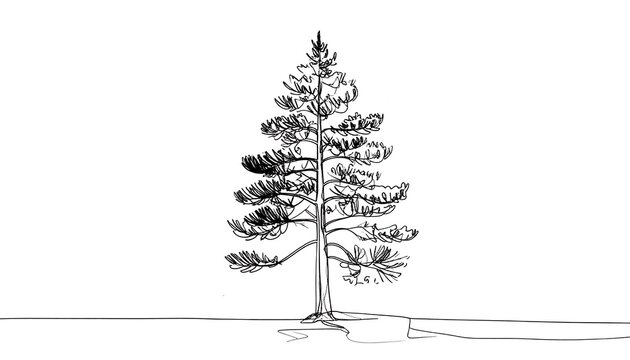 A sparse sketch of a pine tree with drooping branches, drawn in thin lines against a white background and flat ground