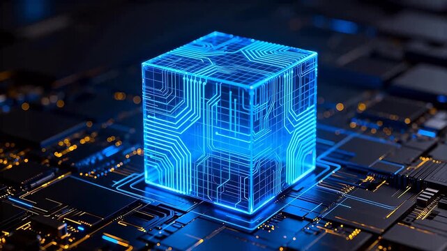 Blue glowing cube on circuit board