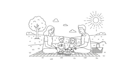 Obraz premium Family Picnic Drawing: Parents and Children Enjoying Outdoors in Sunny Park
