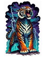 Tigre feroce che ruggisce tra fulmini e nuvole tempestose. Generative AI 