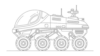 Space Rover Illustration: An intricate line drawing captures a detailed space rover design, showcasing its futuristic form and functional components, ready for exploration.