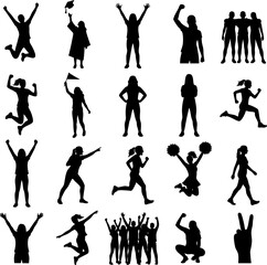 Obraz premium Women Empowerment and Fitness Silhouette Set – Female Action, Celebration and Victory Poses Collection