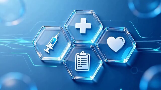 Medical icons on glass hexagons