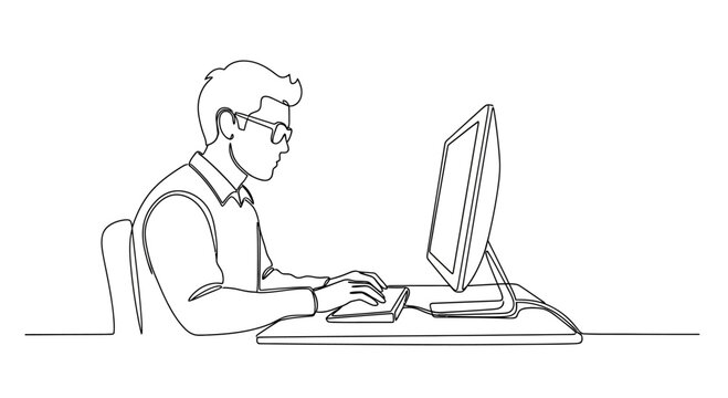 Man Typing on Computer, Line Art Illustration