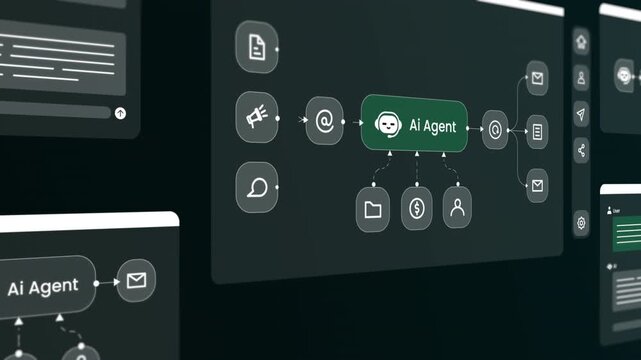 Digital dashboard illustrating an AI agent workflow with automated task processing, email, and document management icons.