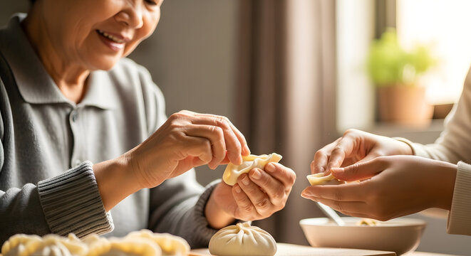 Close up of hands folding dough to make traditional dumplings together in a warm indoor setting
