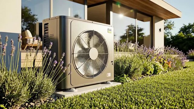 A modern heat pump is situated next to a modern house in a lush yard. 4k resolution video 30fps.