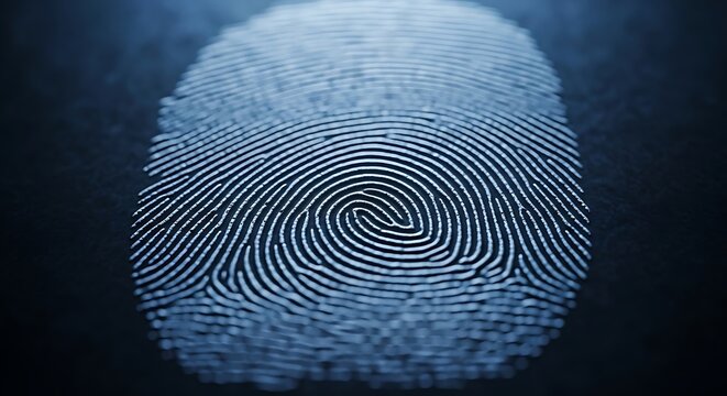 A close-up view of a fingerprint on a dark surface shows detailed lines and patterns.