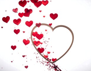 A heart-shaped frame surrounded by floating red hearts and shimmering red dust on a white background
