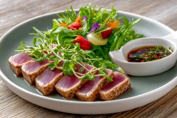 Seared ahi tuna slices with fresh greens salad
