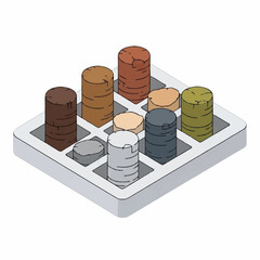 Stacks of coins in different colors arranged on a tray. © Bunga