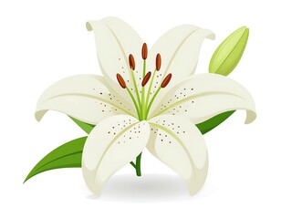 A pristine white lily blossom, with six petals, brown speckled stamen, and green leaves on a white background