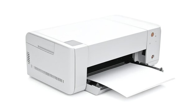 Angled view of a white printer ejecting a blank white paper sheet, isolated against a pure white backdrop