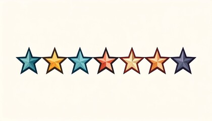 A row of seven stylized stars in varying colors against a light cream background, outlined in dark grey