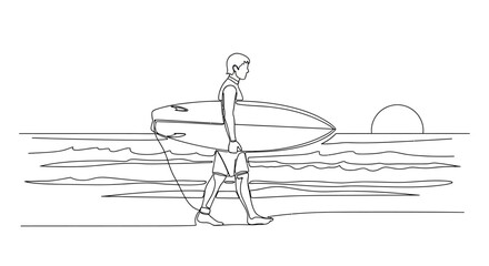 Surfer Walking on Beach with Surfboard at Sunset