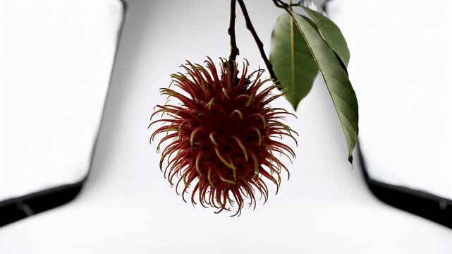 Vibrant and juicy, a single ripe rambutan fruit hangs delicately from its branch, showcasing its unique red, hairy skin against a clean white background, highlighting its exotic appeal