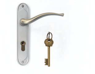 A silver door handle and an old key are isolated against a white background, casting subtle shadows