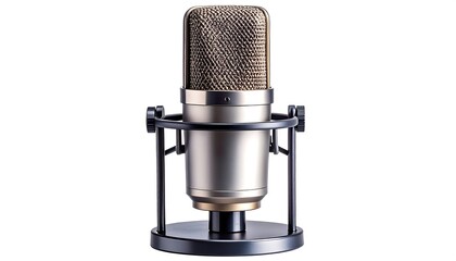 A sleek silver condenser microphone stands isolated on white, secured in a black metal spider shock mount