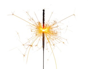 A sparkler emits bright, golden sparks against a clean white background; single handheld firework