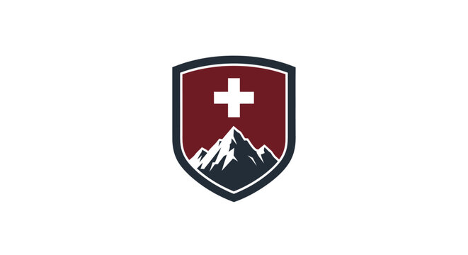 Swiss Mountain Shield Emblem with White Cross and Alpine Peaks.