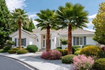 Fototapeta premium White suburban house with lush green landscaping