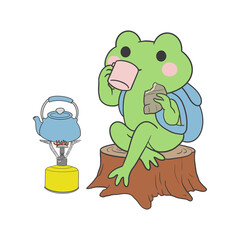 Obraz premium Cute Frog Camper Drinking Tea and Snack Break – Adorable Outdoor Cartoon Illustration