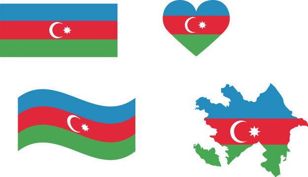 Creative Azerbaijan flag collection featuring heart shape, waving motion, national map silhouette, and traditional rectangular design showcasing patriotic pride and cultural symbolism