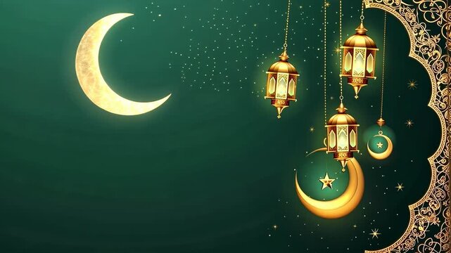 Elegant Islamic-themed video background with hanging lanterns and crescent moon on a green backdrop. Top-down angle enhances the ornate design. Live desktop wallpaper.