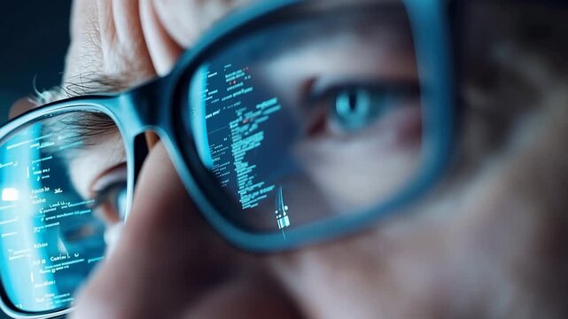 Close Up of Glasses Reflecting Computer Code Focus and Concentration on Programming, Data Analysis, and Technology Innovation in Modern Digital Environment