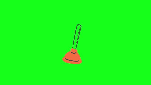 Animated toilet plunger icon on green screen and white background. 2D flat motion graphic for plumbing, bathroom maintenance, and repair