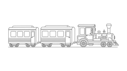 Vintage Train Line Art: A charming illustration of a classic train engine pulling passenger carriages, evokes a sense of nostalgia for a simpler time. © hafs121