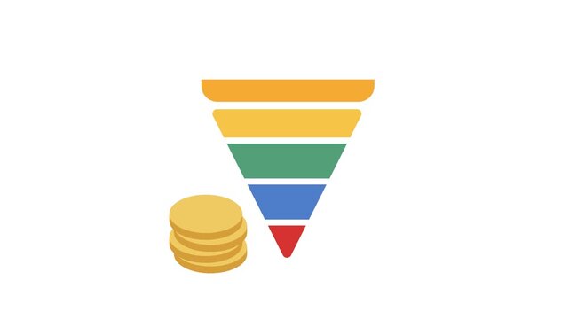 Animated marketing funnel icon with stacked coins on green screen and white background. 2D flat motion graphic for sales strategy and conversion