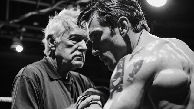 boxer and coach in ring, intense corner conversation under harsh spotlights, older trainer delivering tactical
