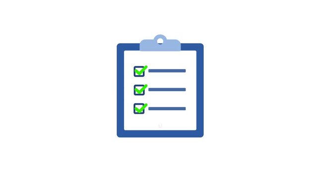Animated to-do list icon with checkmarks on a clipboard. 2D flat motion graphic on green screen and white background for productivity