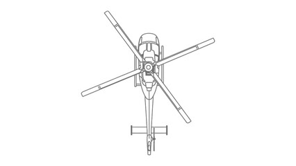 Aerial Perspective of Helicopter: A detailed monochrome overhead view showcases the intricate mechanics and sleek design of a helicopter, highlighting its rotor blades and aerodynamic features. © Mohiuddin123