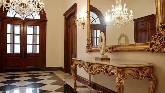 Classic entryway with arched double doors, chandelier, checkered tile floor, and a large console table with a mirror. 4k resolution video 30fps.
