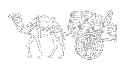 Nomadic Journey: An illustration of a camel pulling a water cart across a vast desert landscape, symbolizing an arid travel and resource transportation in the desert.
