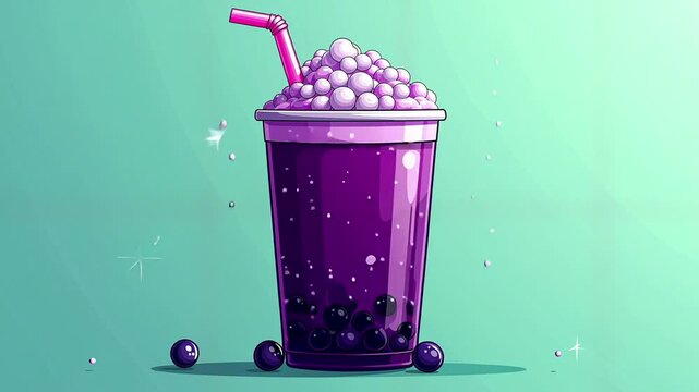 Purple boba tea with straw and boba.