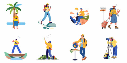 Fototapeta premium Global Adventure: Diverse Characters Exploring Nature, Hiking, Photography, and Travel Destinations.