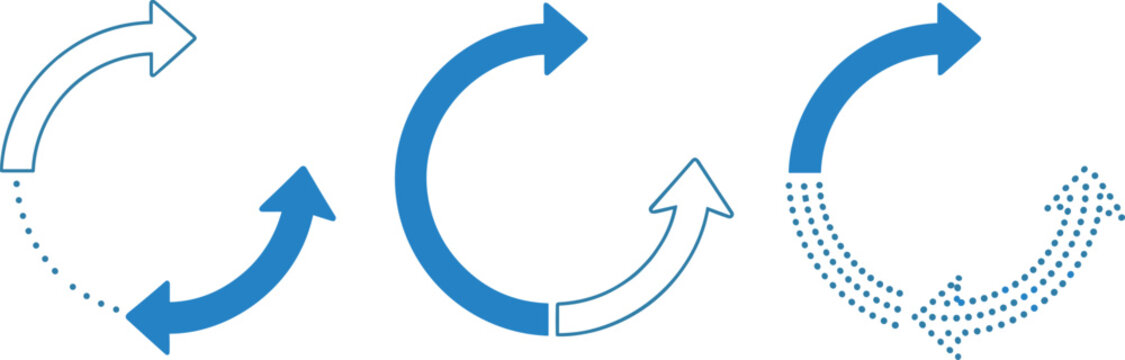 Circular arrow icons set isolated on white background, blue refresh and reload rotation symbols collection for update, sync, recycle and process flow design.