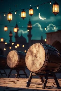 Two traditional bedug drums on wooden stands outdoors at night, with string lanterns, crescent moon, and blurred mosque silhouette on teal sky background.