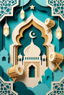 Layered 3D paper cut Islamic composition featuring mosque dome, crescent, arabesque frame, gold kendang drums, and hanging lanterns on teal