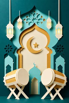 3D paper cut art of Islamic mosque arch with gold crescent and star, hanging cream lanterns, and two ornate kendang drums on teal layered background.