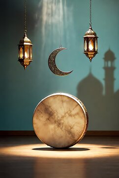 Traditional Islamic bedug drum on wooden floor with hanging ornate gold lanterns and crescent moon ornament against a teal wall with mosque shadow.